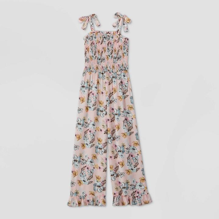 Girls' Tropical Print Smocked Jumpsuit - Art Class Pink