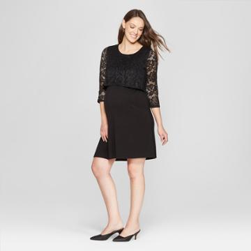 Maternity 3/4 Sleeve Lace Overlay Nursing Dress - Macherie - Black
