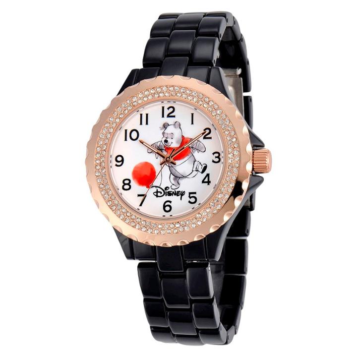 Women's Disney Winnie Bezel Enamel Sparkle Watch - Black