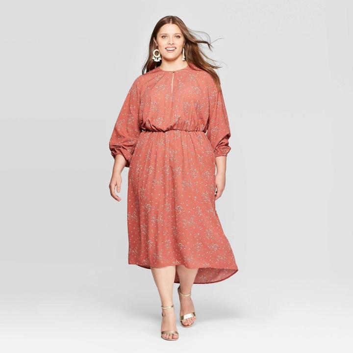 Women's Plus Size Floral Print Long Sleeve V-neck Midi Dress - Ava & Viv Red 2x, Women's,