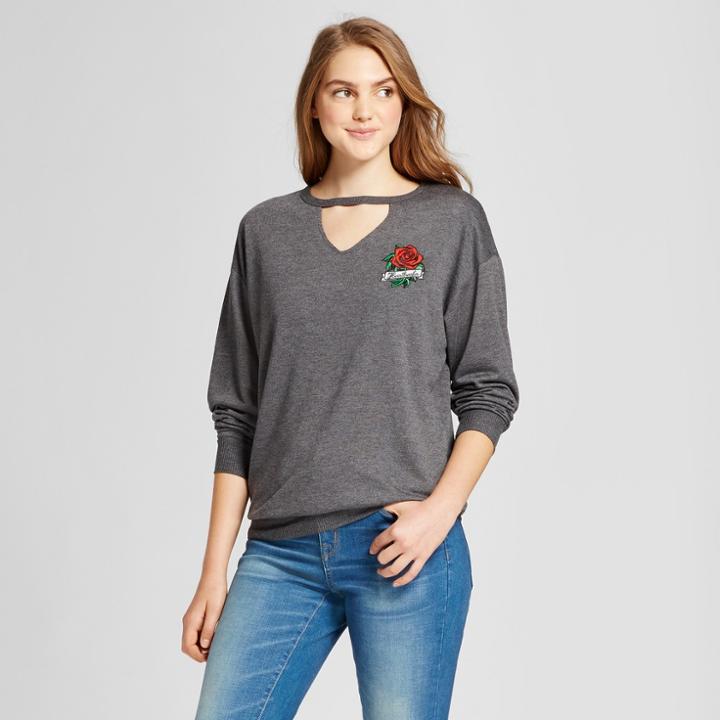 Women's Long Sleeve Heartbreaker Embroidered Cutout Graphic Sweatshirt - Modern Lux (juniors') Charcoal