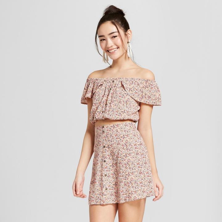 Women's Flutter Sleeve Floral Print Off The Shoulder Button Front Cropped Top - Xhilaration Peach Passion