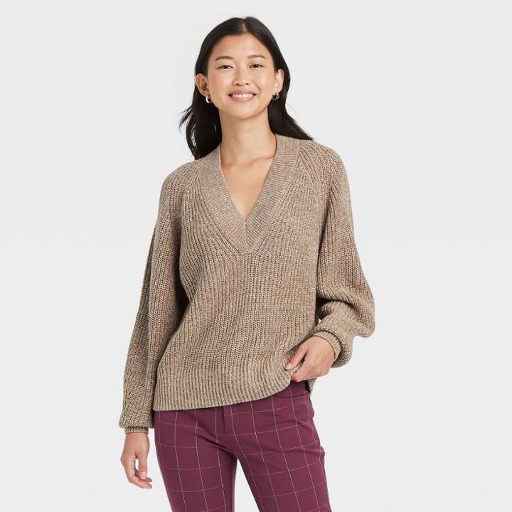 Women's V-neck Pullover Sweater - A New Day Camel