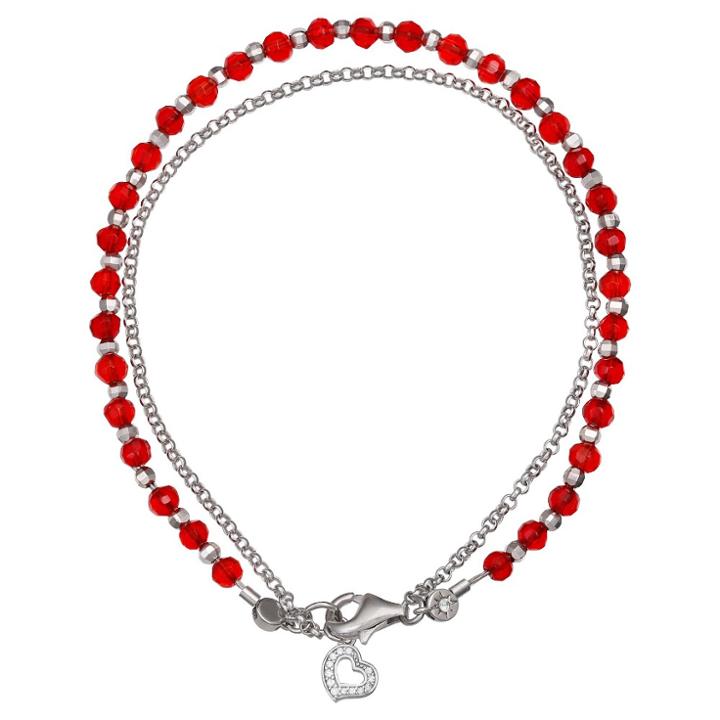 Distributed By Target Women's Sterling Silver Rolo Bracelet With Heart Accent And Crystals - Silver/red