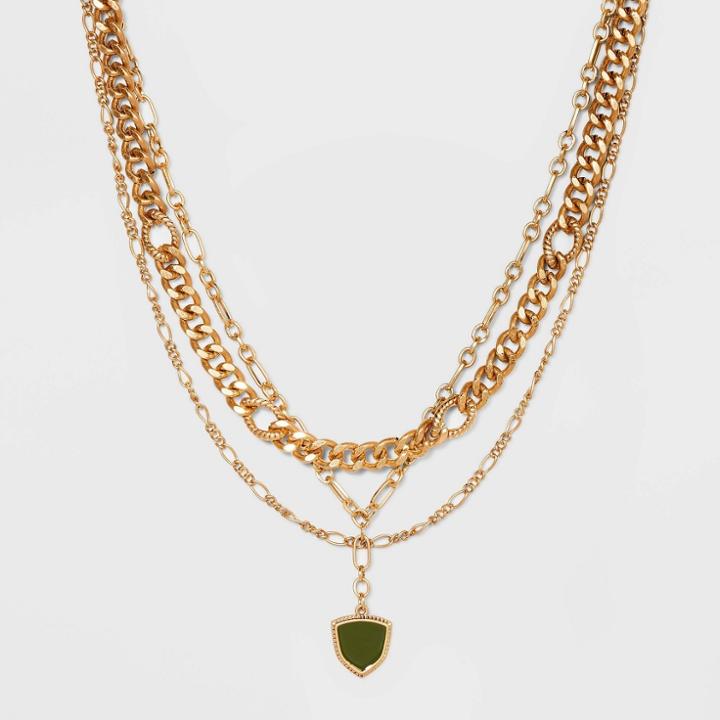 Mixed Chain Shield Medallion Layered Necklace - Universal Thread Green