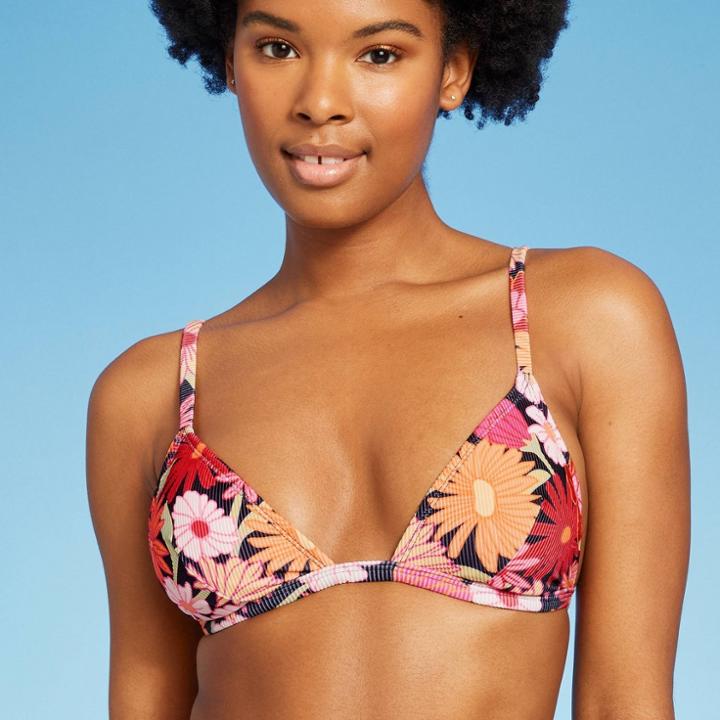 Women's Ribbed Triangle Bikini Top - Wild Fable Black Floral Print Xxs