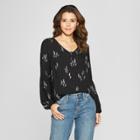 Women's Floral Print Long Sleeve Interest Blouse - Universal Thread Black