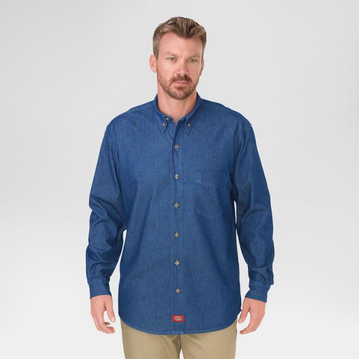 Dickies Men's Big & Tall Relaxed Fit Denim Long Sleeve Button-down Shirt- Stone Washed Xl Tall,