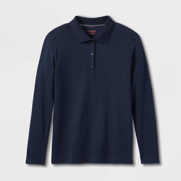 Girls' Long Sleeve Interlock Uniform Polo Shirt - Cat & Jack Blue