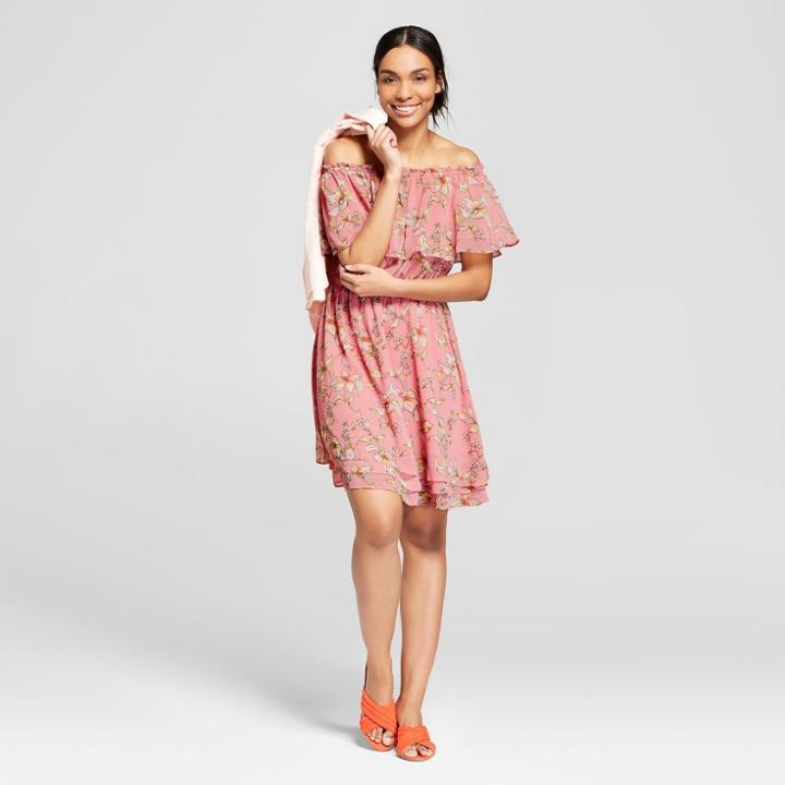 Women's Floral Print Off The Shoulder Tiered Hem Dress - A New Day Pink