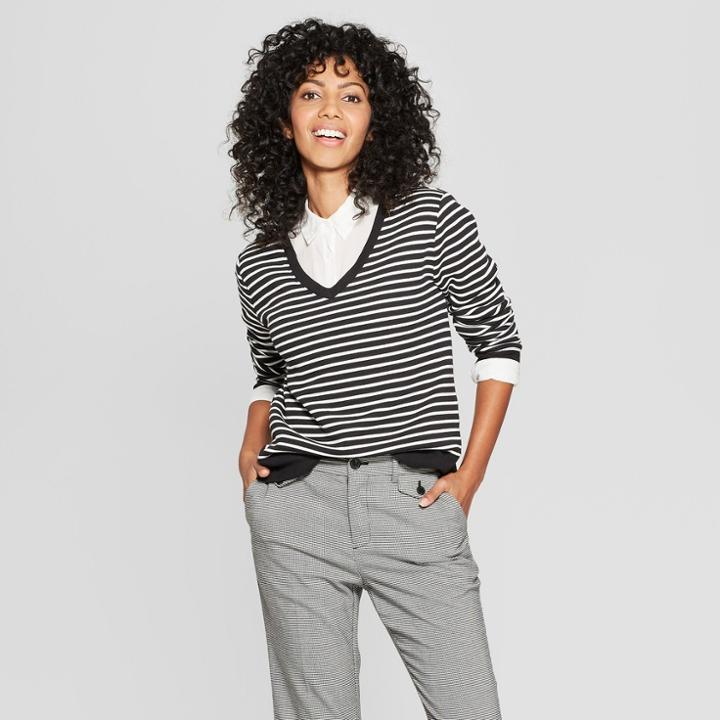 Women's Striped Long Sleeve V-neck Pullover - A New Day Black/cream Xs, Black Off-white