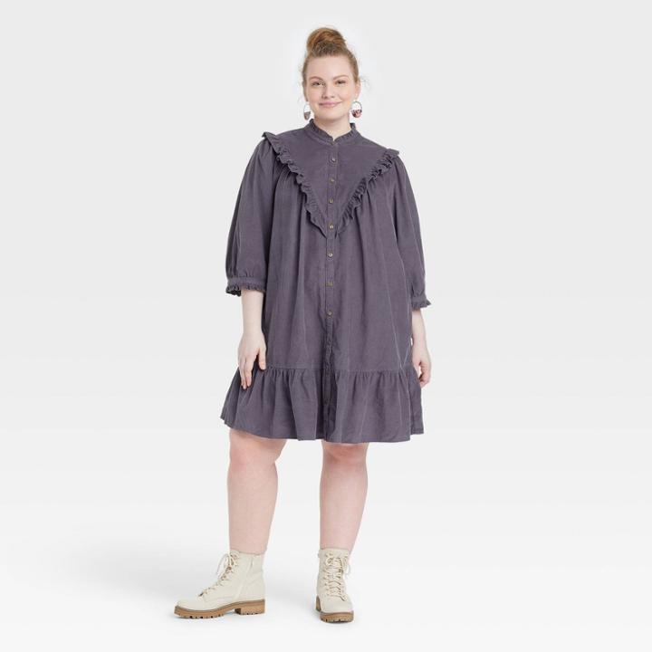 Women's Plus Size Balloon Long Sleeve Button-front Ruffle Cord Dress - Universal Thread Gray