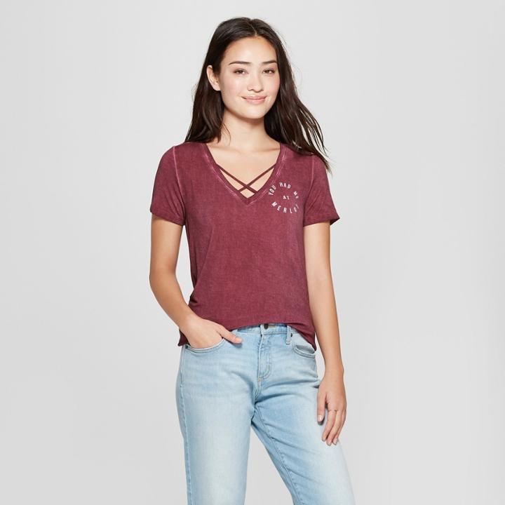 Women's Short Sleeve You Had Me At Merlot Criss Cross Graphic T-shirt - Zoe+liv Burgundy