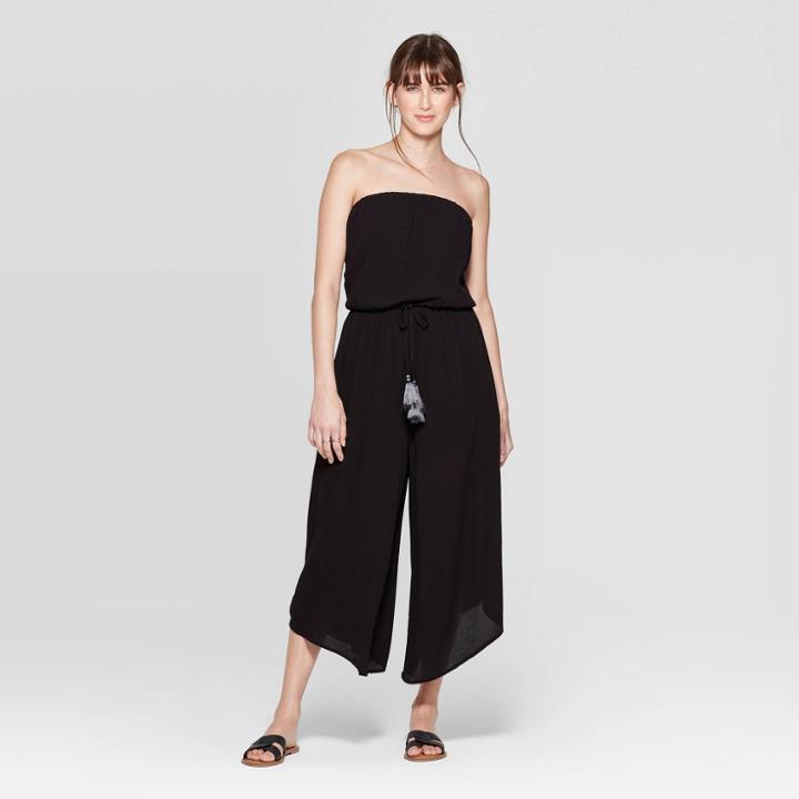 Women's Printed Strapless Square Neck Tie Waist Cropped Jumpsuit - Xhilaration Black