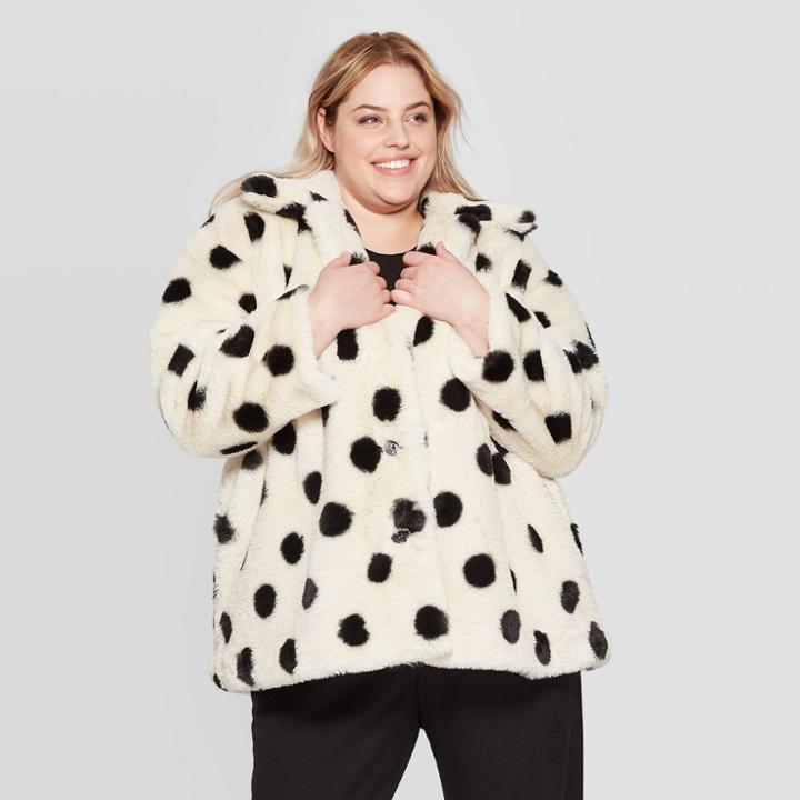 Women's Plus Size Polka Dot Long Sleeve Swing Faux Fur Jacket - Who What Wear White/black 1x, Women's,