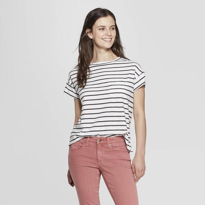 Women's Striped Short Sleeve Crew Neck Hem Relaxed T-shirt - Universal Thread Black