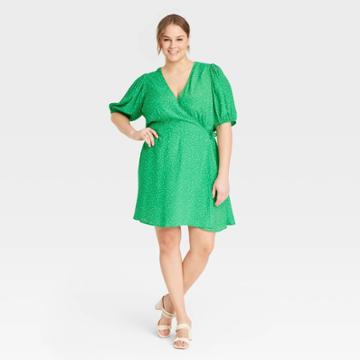 Women's Plus Size Puff Short Sleeve Wrap Dress - A New Day Green Polka Dots