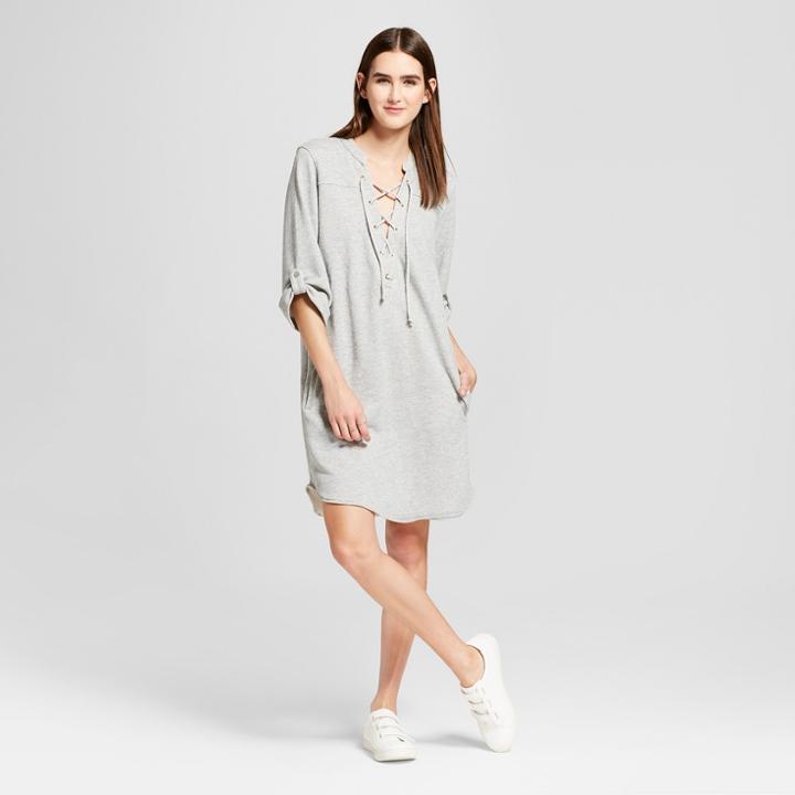 Women's 3/4 Sleeve Lace-up Neck Popover Mini Dress - Alison Andrews Gray