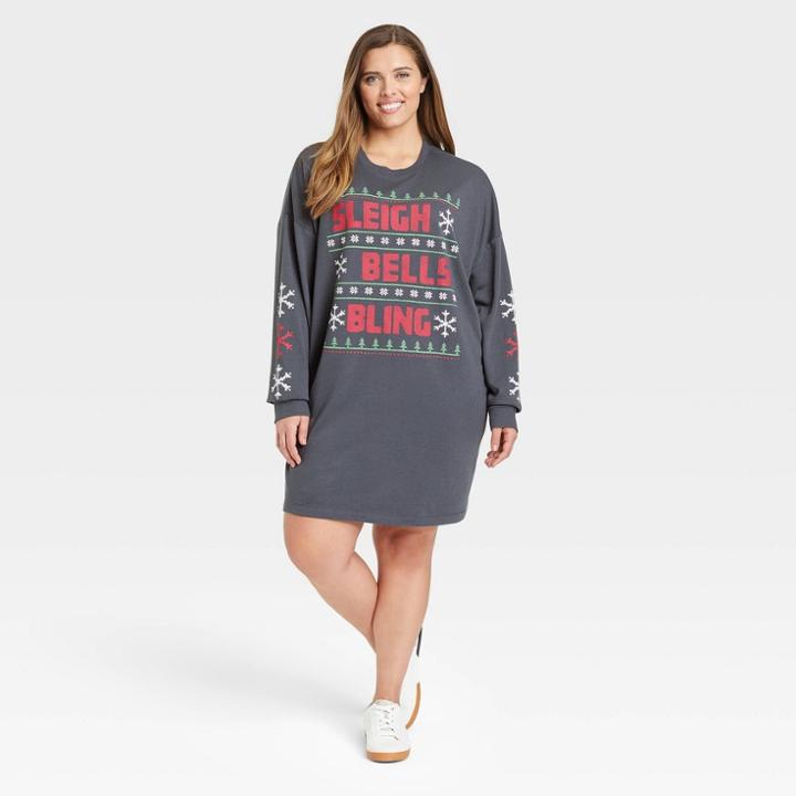 Grayson Threads Women's Plus Size Holiday Sleigh Bells Bling Long Sleeve Graphic Sweatshirt Dress - Dark Gray