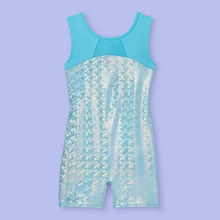 Girls' Shimmer Foil Gymnastics Biketard - More Than Magic Turquoise