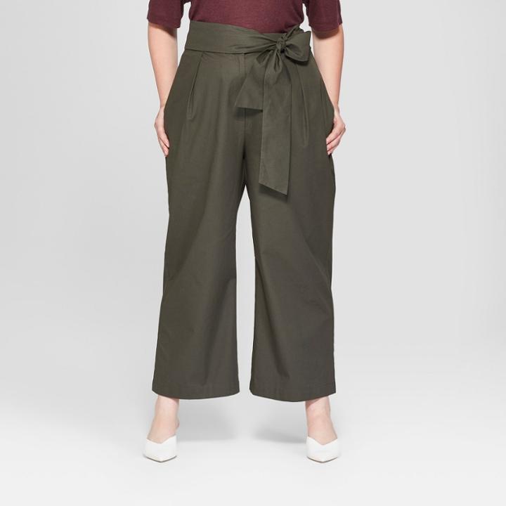 Women's Plus Size Wide Leg Tie Front Ankle Length Trouser - Prologue Olive