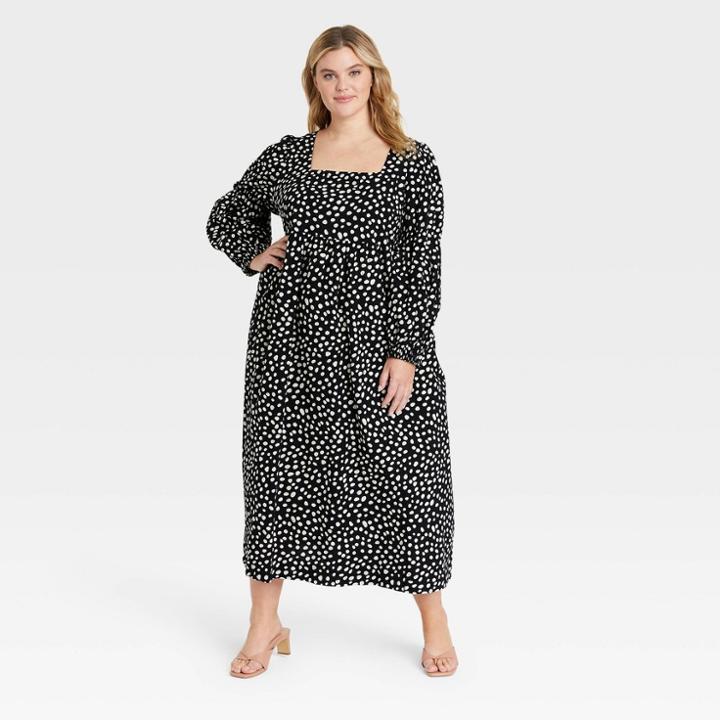 Women's Plus Size Bell Long Sleeve Dress - Who What Wear Black Polka Dots