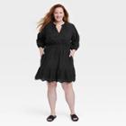 Women's Plus Size Bishop 3/4 Sleeve Eyelet A-line Dress - Knox Rose Black