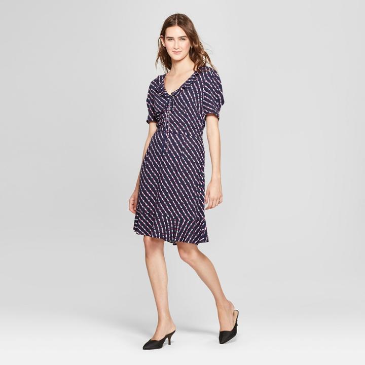 Women's Polka Dot Short Puff Sleeve Lace-up Mini Dress - Who What Wear Navy Polka Dot