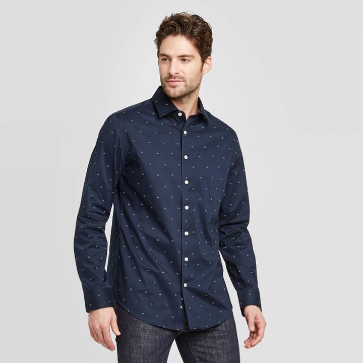 Men's Polka Dot Slim Fit Spacedye Design Button-down Shirt - Goodfellow & Co Navy Voyage L, Men's, Size: Large, Blue Voyage