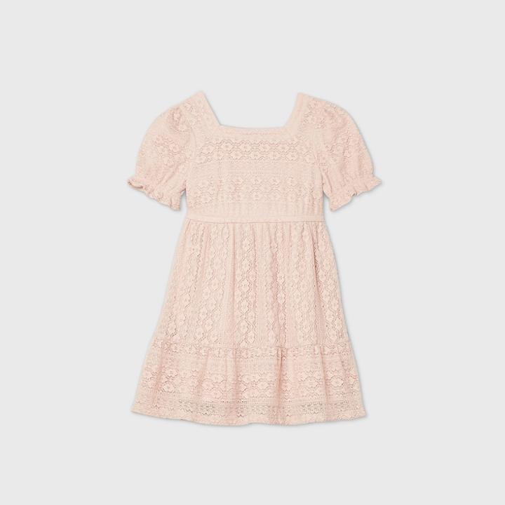 Toddler Girls' Short Puff Sleeve Lace Dress - Art Class Pink