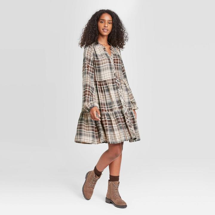 Women's Plaid Puff Long Sleeve Shirtdress - Knox Rose Brown
