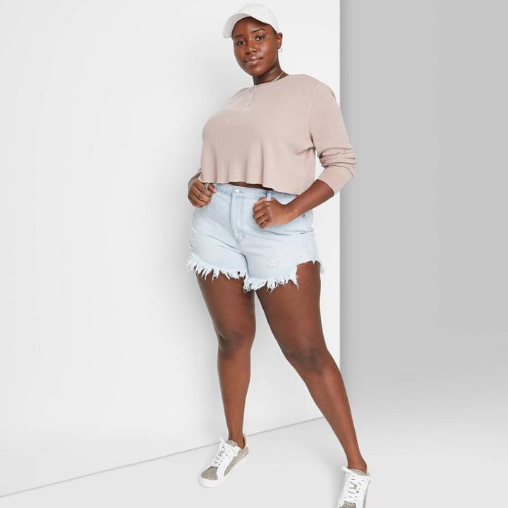 Women's Plus Size High-rise Frayed Hem Jean Shorts - Wild Fable Light Wash 14w,