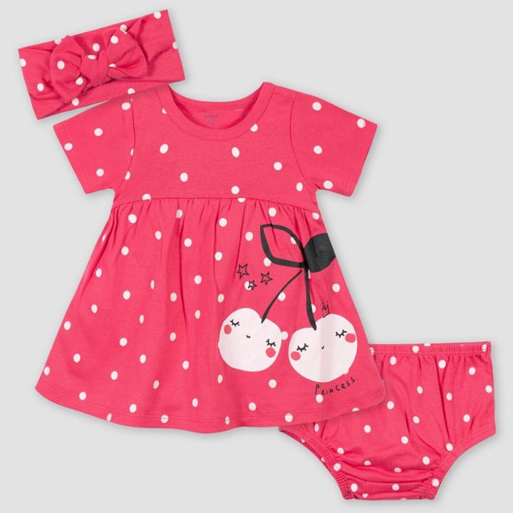 Gerber Baby Girls' 3pc Cherries Dress With Diaper Cover And Headband - Pink