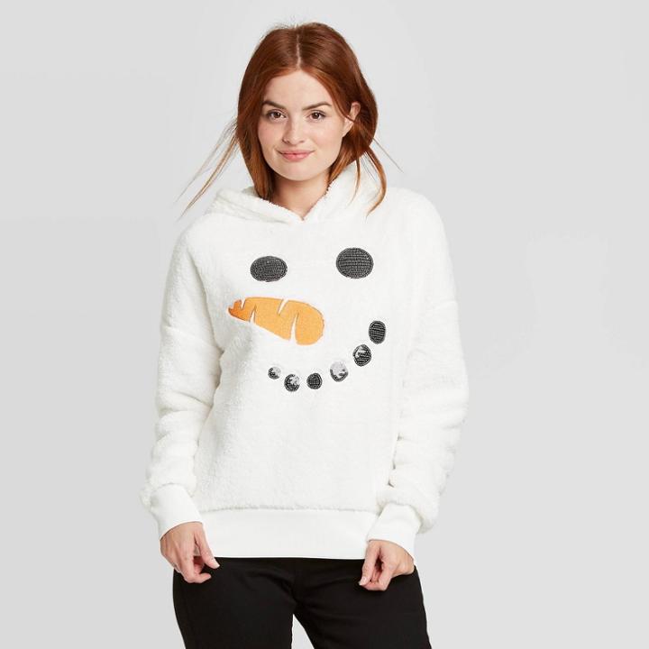 Zoe+liv Women's Snowman Sherpa Hooded Sweatshirt - White