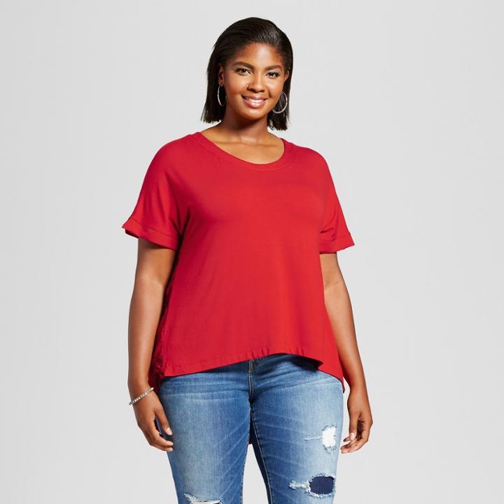 Women's Plus Size Mixed Media T-shirt With Floral Print - Ava & Viv Red