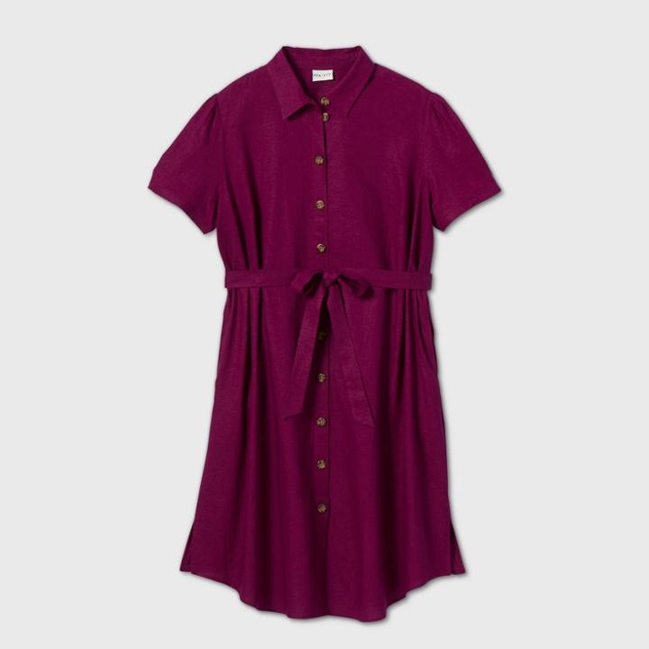 Women's Plus Size Leopard Print Short Sleeve Collared Linen Shirtdress - Ava & Viv Purple X