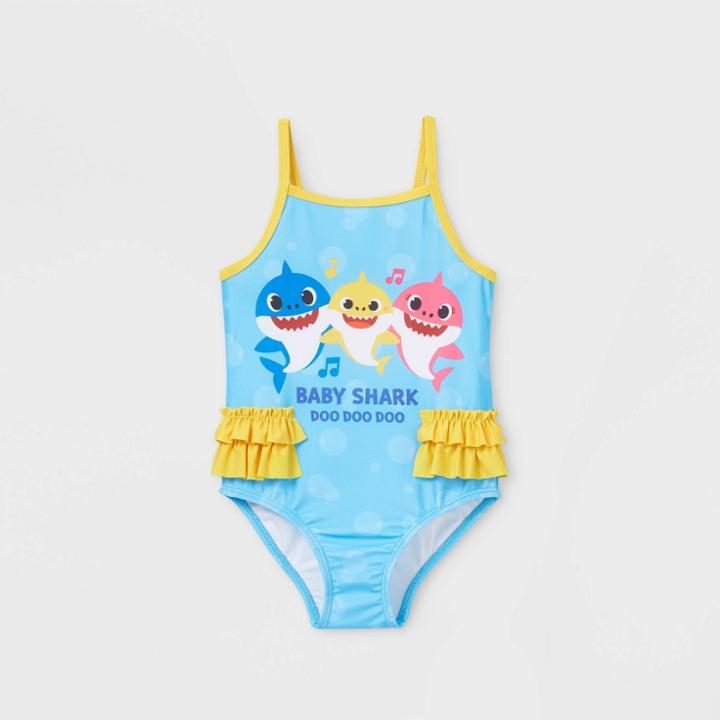 Toddler Girls' Baby Shark One Piece Swimsuit - Blue