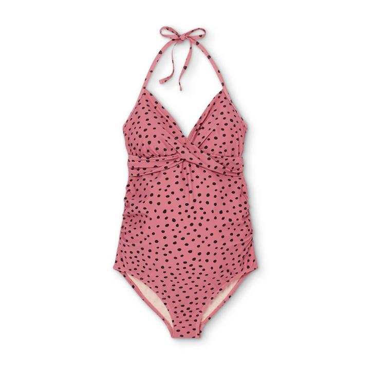 Cross Drape Halter Maternity One Piece Swimsuit - Isabel Maternity By Ingrid & Isabel Dusty Mauve Polka Dot