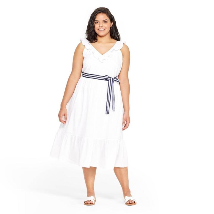 Women's Plus Size Sleeveless Ruffle Tie Waist Midi V-neck Dress - White 1x - Vineyard Vines For Target
