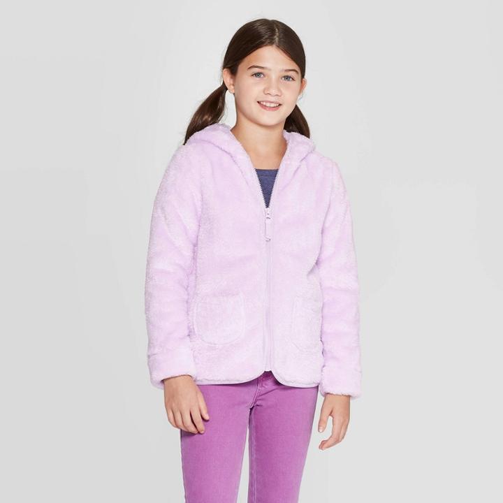Girls' Long Sleeve Critter Sherpa Hoodie - Cat & Jack Lilac Xs, Girl's, Purple