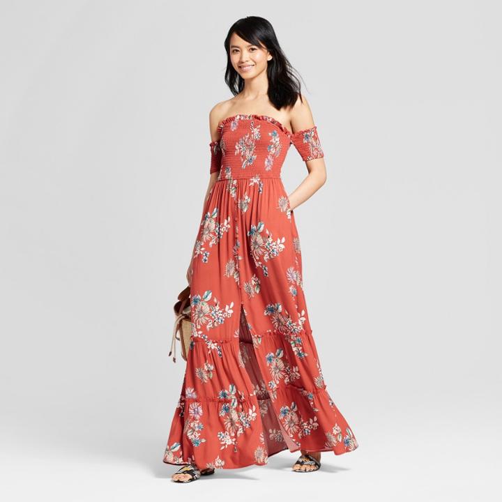 Women's Floral Print Off The Shoulder Smocked Top Maxi Dress - Xhilaration Terracotta