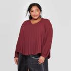 Women's Plus Size Long Sleeve V-neck Pleated Raglan Top - Ava & Viv Burgundy X, Red