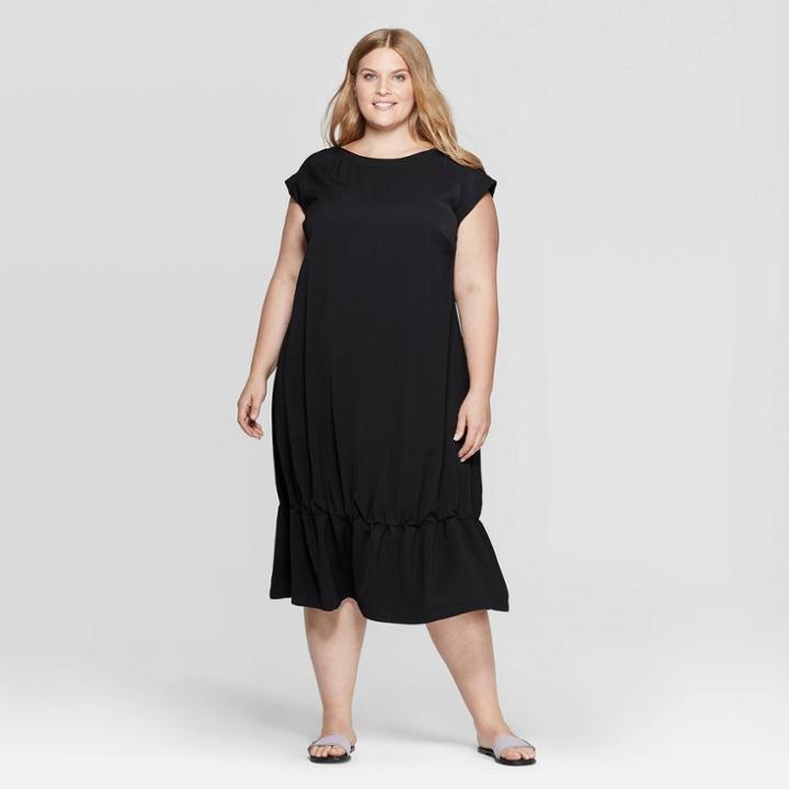 Women's Plus Size Short Sleeve Crewneck Shift Midi Dress - Prologue Black