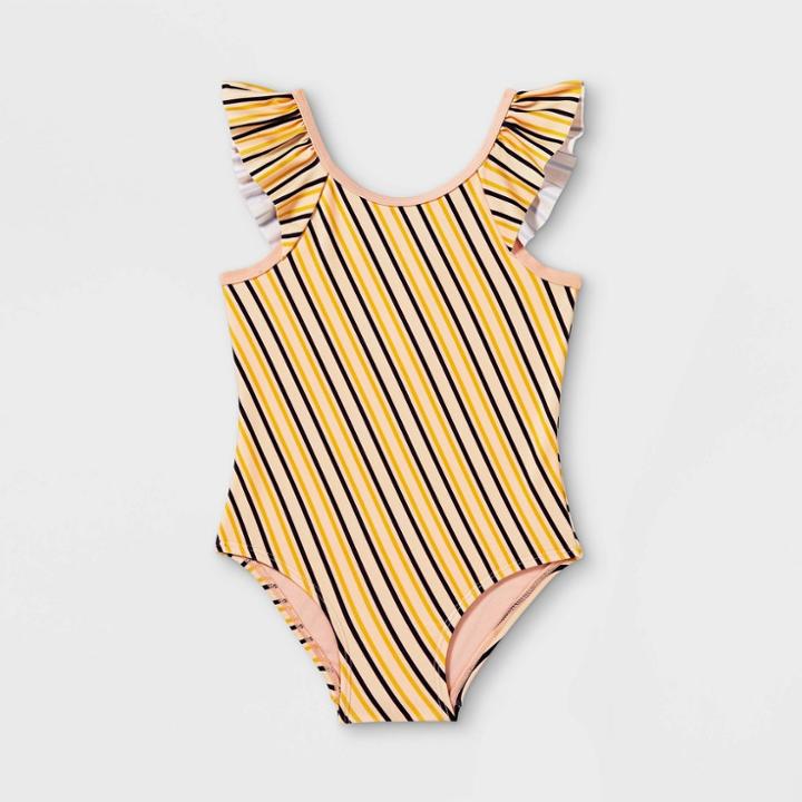 Toddler Girls' Striped Ruffle Sleeve One Piece Swimsuit - Cat & Jack Pink
