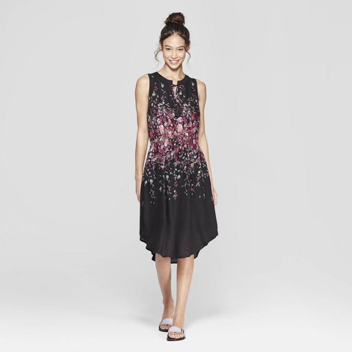 Women's Floral Print Sleeveless Cinched Waist Midi Dress - Xhilaration Black