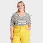 Women's Plus Size Striped Puff Elbow Sleeve Henley Shirt - Who What Wear Black/white