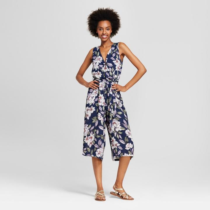 Women's Floral Print Wrap Front Jumpsuit - Lily Star (juniors') Dark Blue