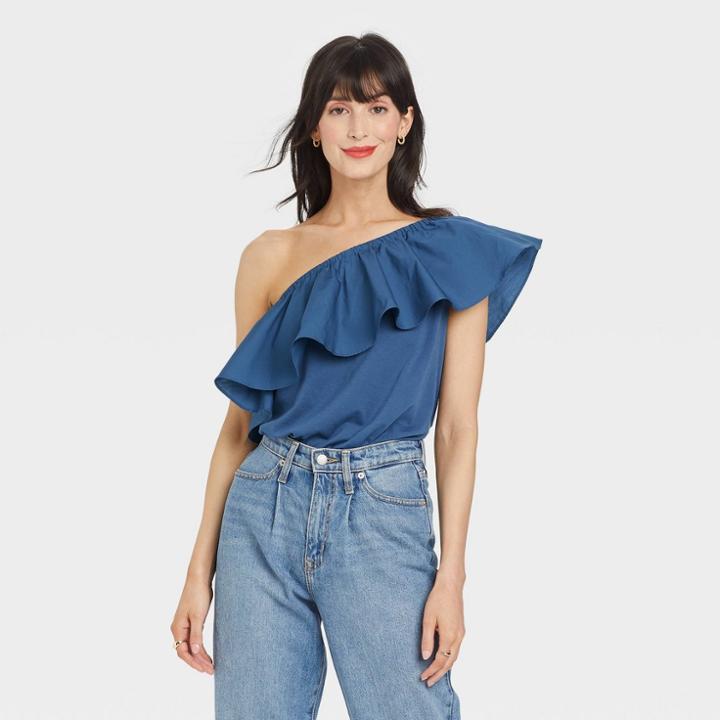 Women's One Shoulder Ruffle Top - A New Day Blue