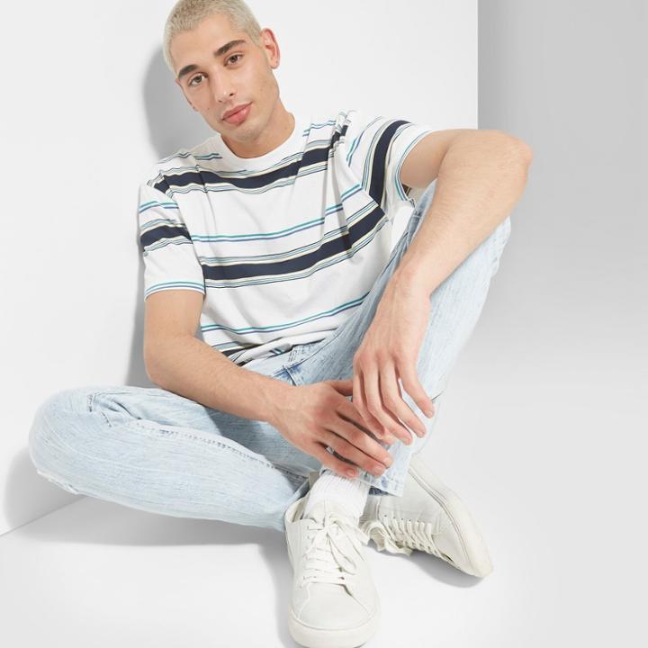 Men's Striped Regular Fit Short Sleeve Crew Neck Boxy T-shirt - Original Use White
