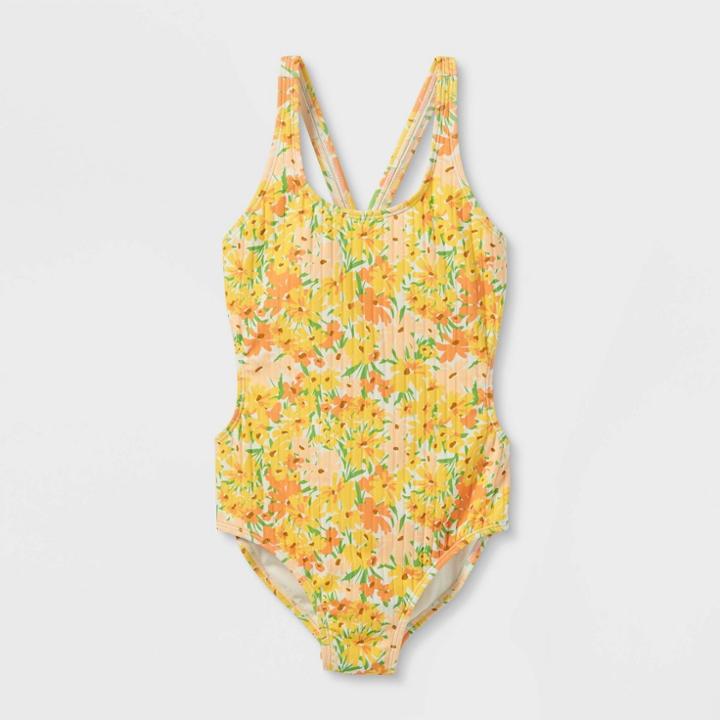 Girls' Floral Print One Piece Swimsuit - Art Class Yellow